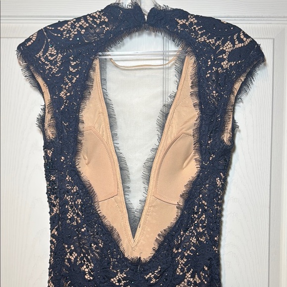 Navy Blue Evening Gown Nude Lining with Lace Overtop Beaded Plunging Neckline - Picture 7 of 16